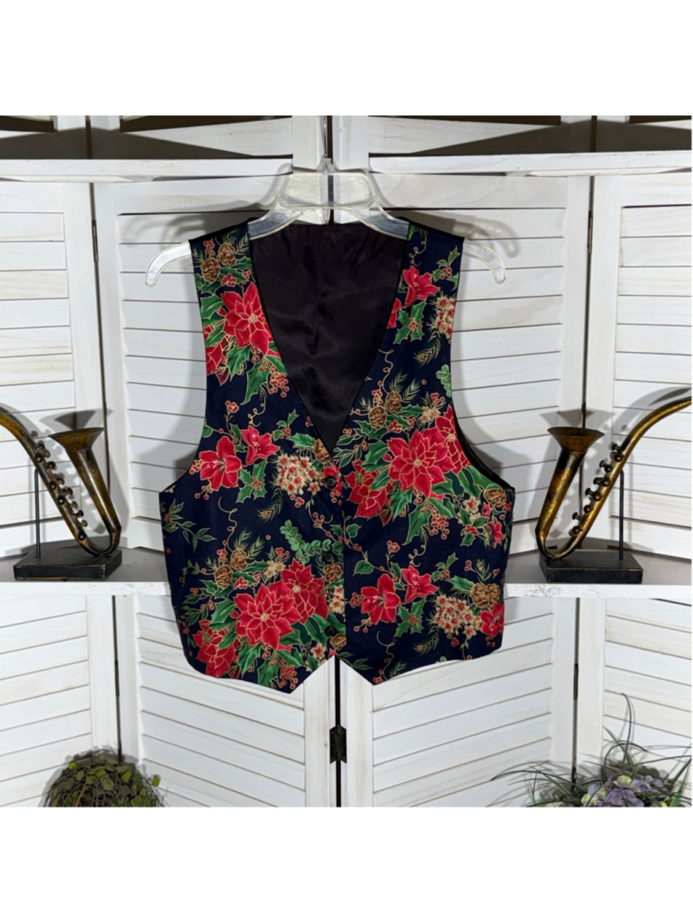 Vintage 90s Christmas vest mistletoe poinsettias graphics green red Holiday sz M